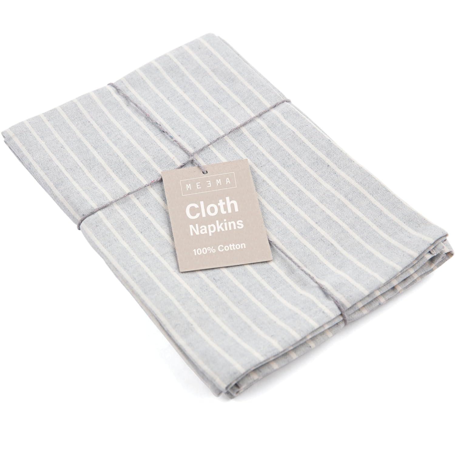 Meema Cloth Napkins Set of 4 Cotton, Striped Grey, Dinner Linen Christmas Napkins Washable- Table Christmas Gifts