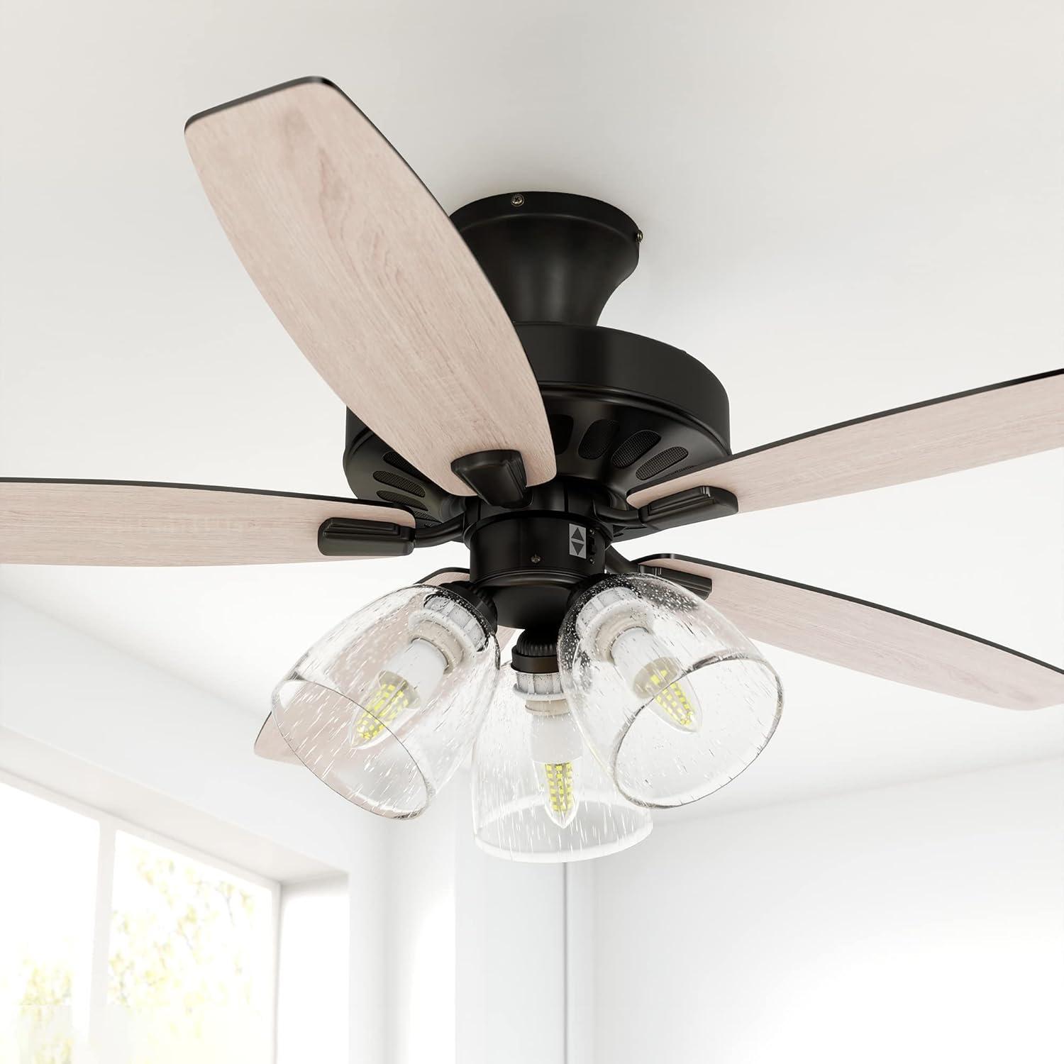 52'' Oak and Black Ceiling Fan with Clear Seeded Glass Light