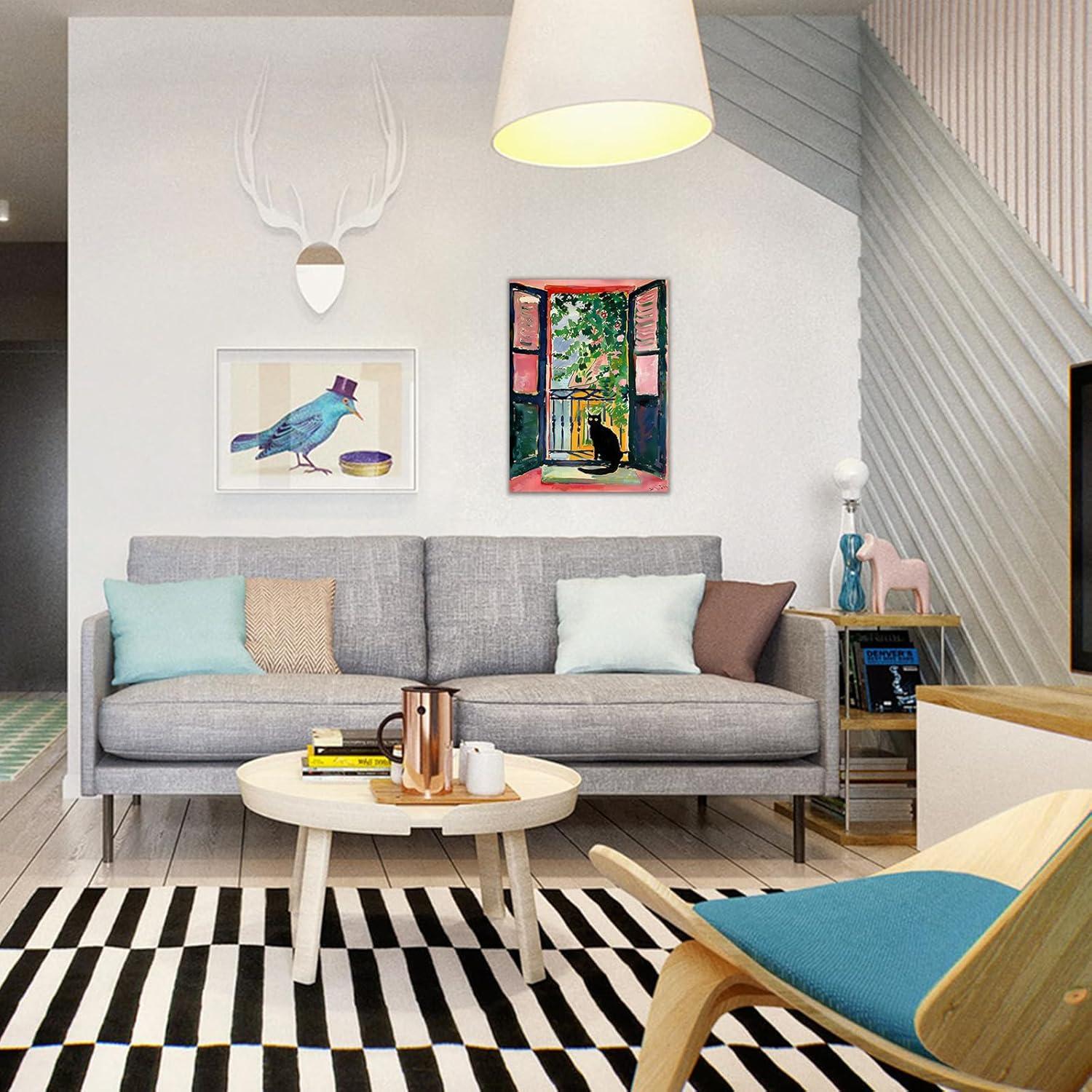 Henri Matisse Oil Paintings on Canvas Wall Art Matisse Famous Open Window Black Cat Poster Funny Cat Floral Print Colorful Farmhouse Gallery Aesthetic Room Decor for Bedroom Bathroom 12x16in Unframed