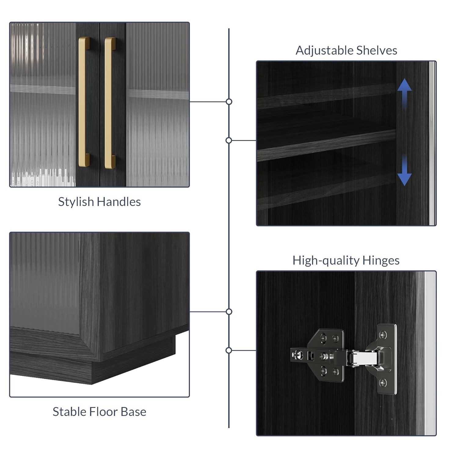 BELLEZE Coffee Wine Bar Cabinet with Power Outlet, 72" Rustic Liquor Cabinet, Tall Buffet Cabinet with Storage Kitchen Pantry Cupboard Wine& Glasses Rack Server with Hutch for Home Dining Room, Ebony