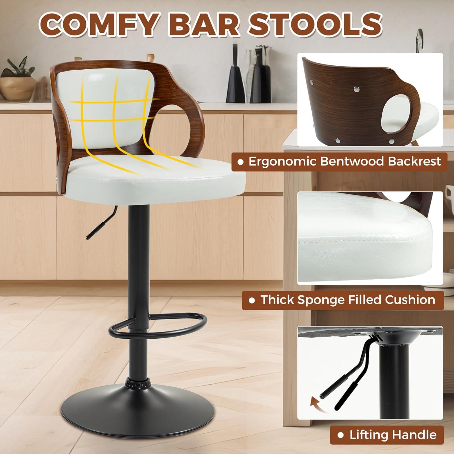 ECOTOUGE Swivel Bar Stools Set of 2, Height Adjustable Island Stools with Bentwood Back, Faux Leather Counter Height Bar Stools for Kitchen, Pub and Cafe, White
