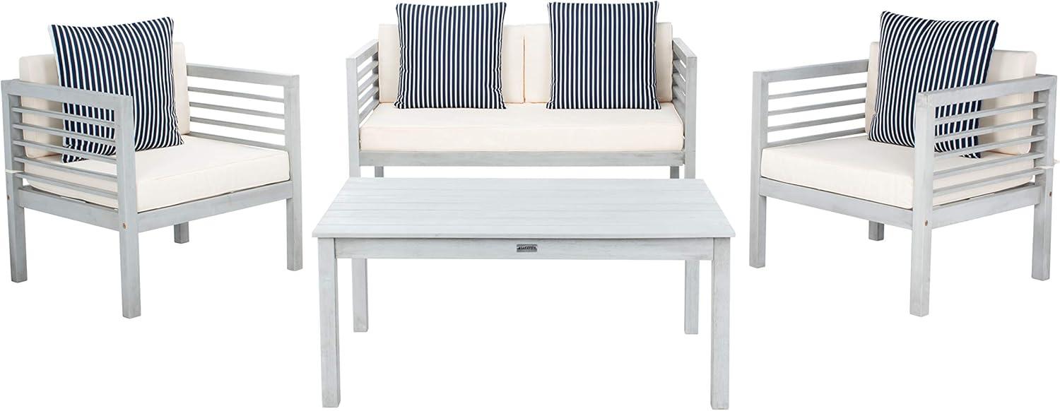Alda 4 Piece Set - Indoor/Outdoor - PAT7033 - Grey/Beige + Thin Stripe Pillow - Safavieh