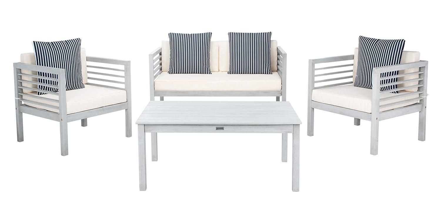 Alda 4 Piece Set - Indoor/Outdoor - PAT7033 - Grey/Beige + Thin Stripe Pillow - Safavieh