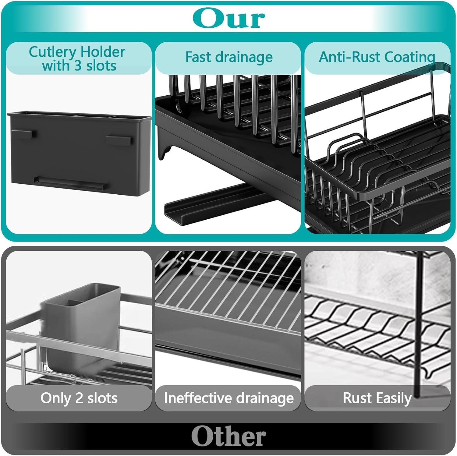 iSPECLE Dish Drying Rack with Drainboard - Dish Racks for Kitchen Counter, Rust-Resistant Compact Dish Drainer with Utensil Holder, Drain Spout and High Feet on Drip Tray, Black