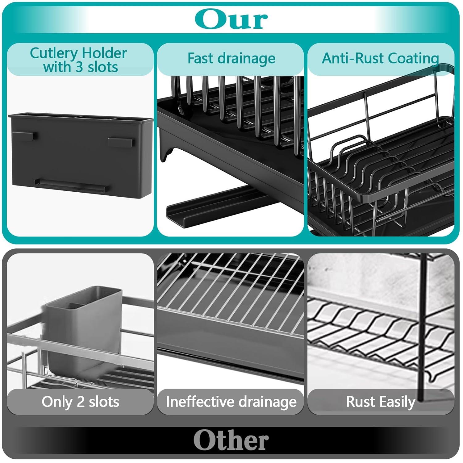 iSPECLE Dish Drying Rack with Drainboard - Dish Racks for Kitchen Counter, Rust-Resistant Compact Dish Drainer with Utensil Holder, Drain Spout and High Feet on Drip Tray, Black