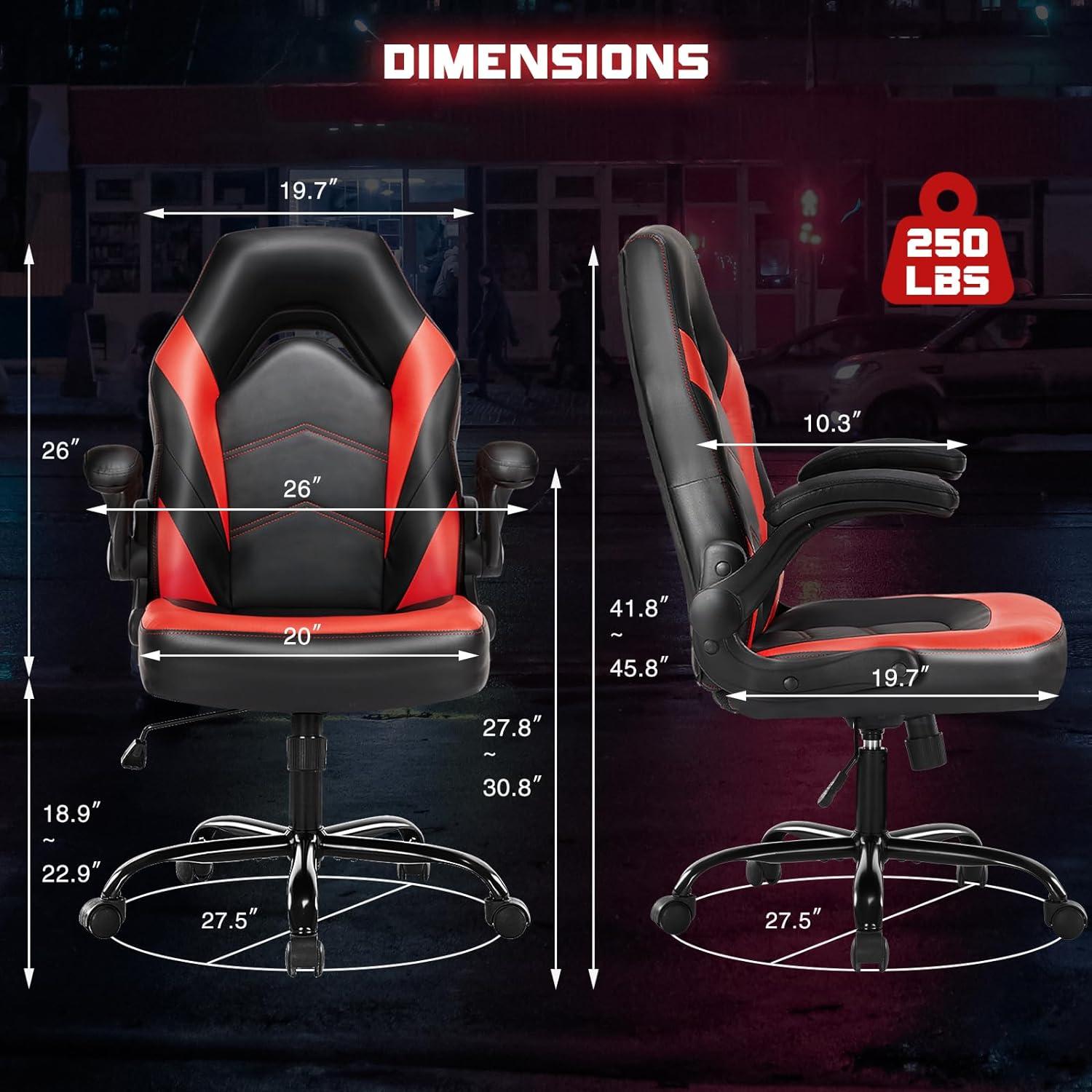 Domiluxe Ergonomic Computer Gaming Chair - Home Office Desk with PU Leather Lumbar Support,Height Adjustable with Flip-up Armrest,Swivel Wheels for Adults and Teens,Black＆Red