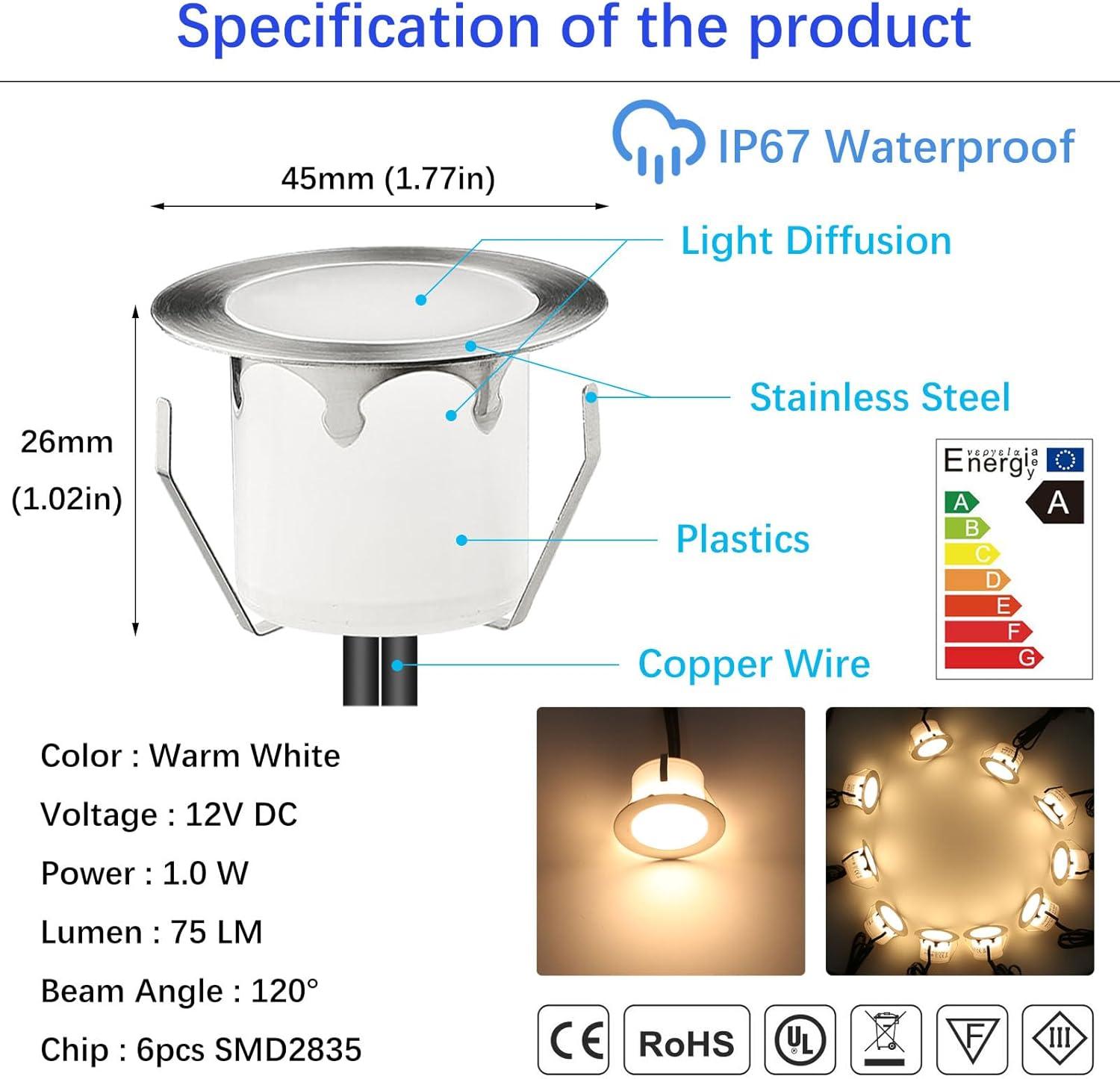 Warm White Stainless Steel LED Outdoor Deck Lights Kit, 20 Pack