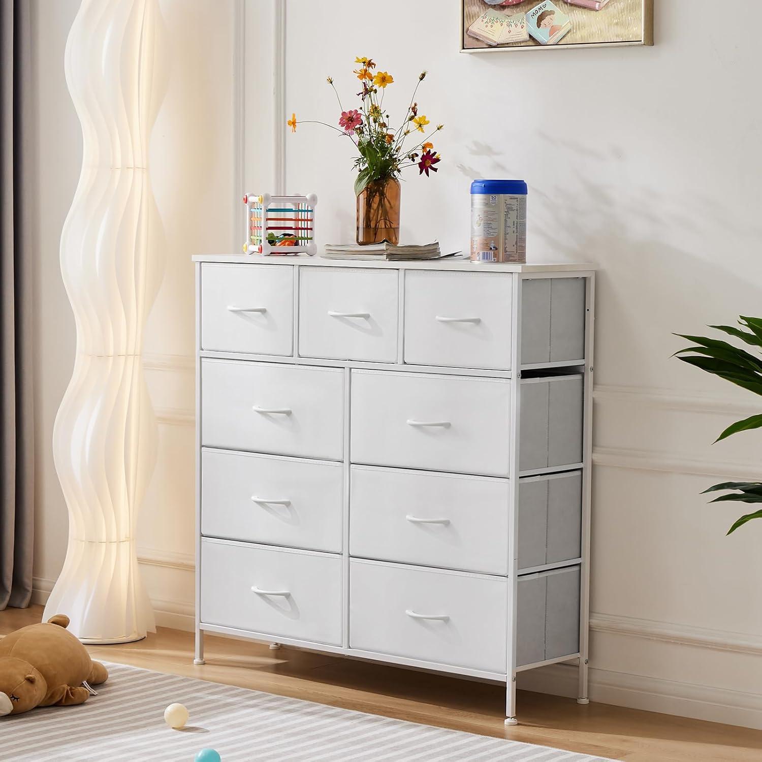 Yanming Fabric Storage Dresser with 9 Drawers, Steel Frame and Wooden Top for Bedroom, Closet, Entryway and Nursery, White