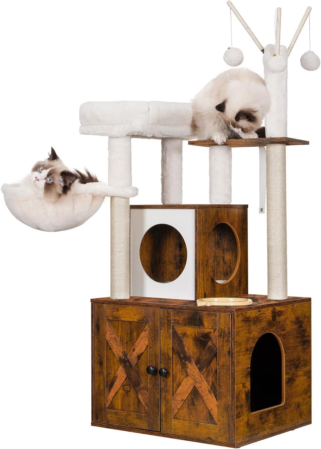 Wood Litter Box Enclosure with Food Station, All-in-one Indoor Cat Furniture with Large Platform and Condo