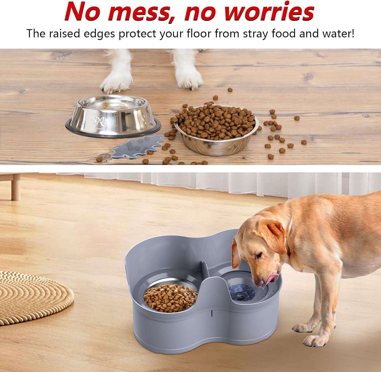 Gray Mess Proof Pet Feeder with Stainless Steel Bowls