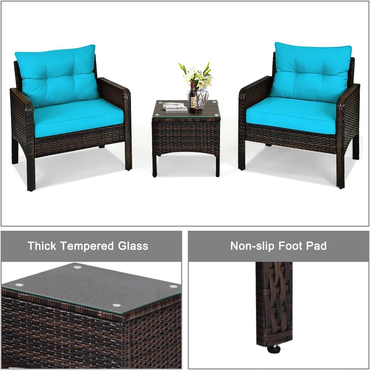 YYAo Garden Conversation Table Set, Conversation Loveseat Chairs Set, 3 Pcs Outdoor Patio Rattan Conversation Set with Seat Cushions-Turquoise