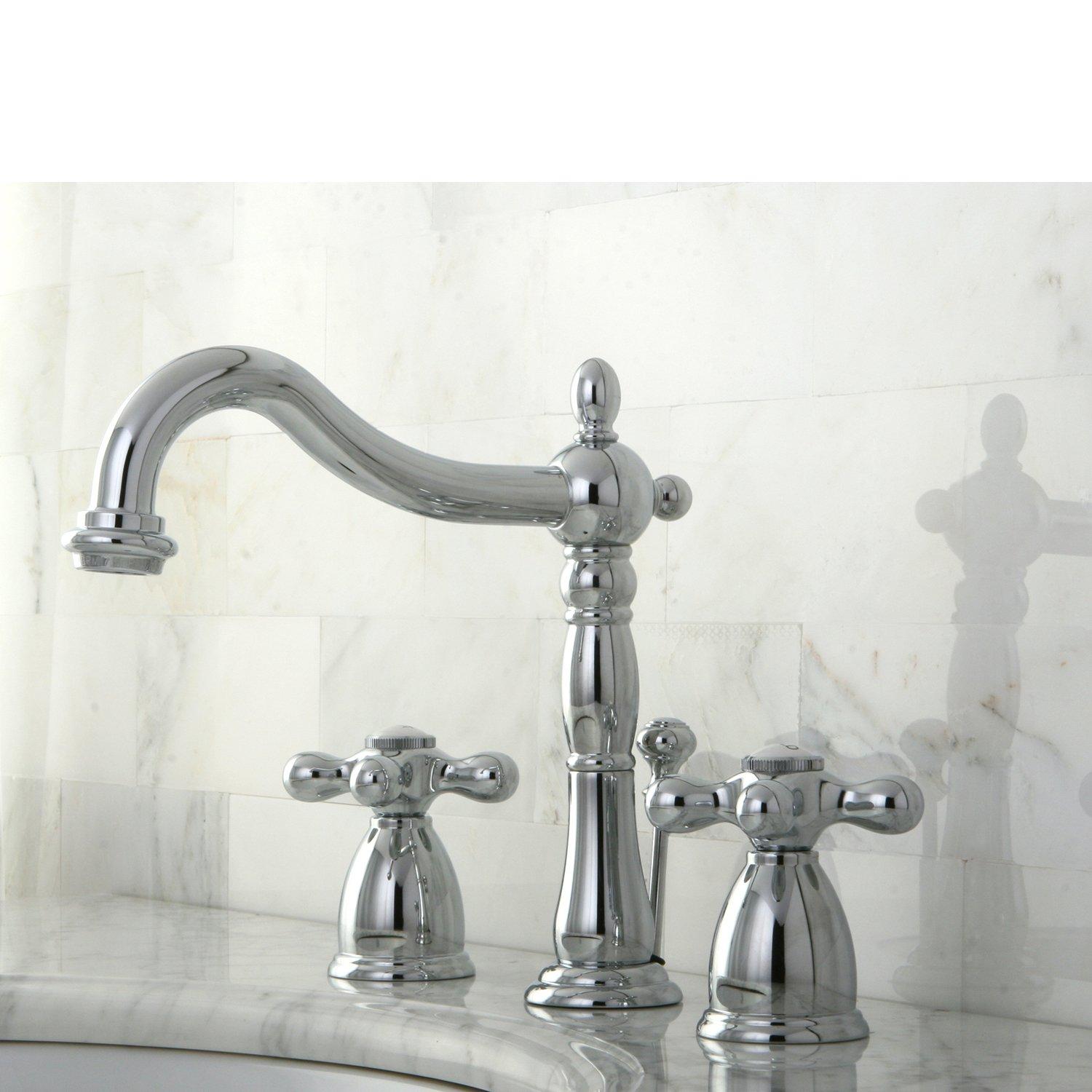 Kingston Brass Heritage Two-Handle 3-Hole Deck Mount Widespread Bathroom Faucet with Pop-Up Drain