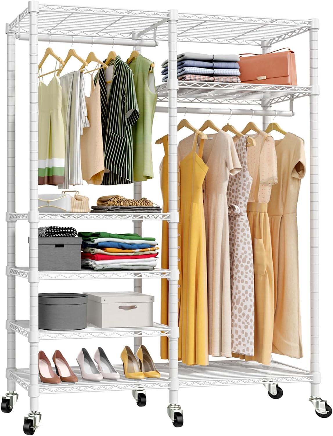 White Heavy Duty Rolling Garment Rack with Adjustable Shelves