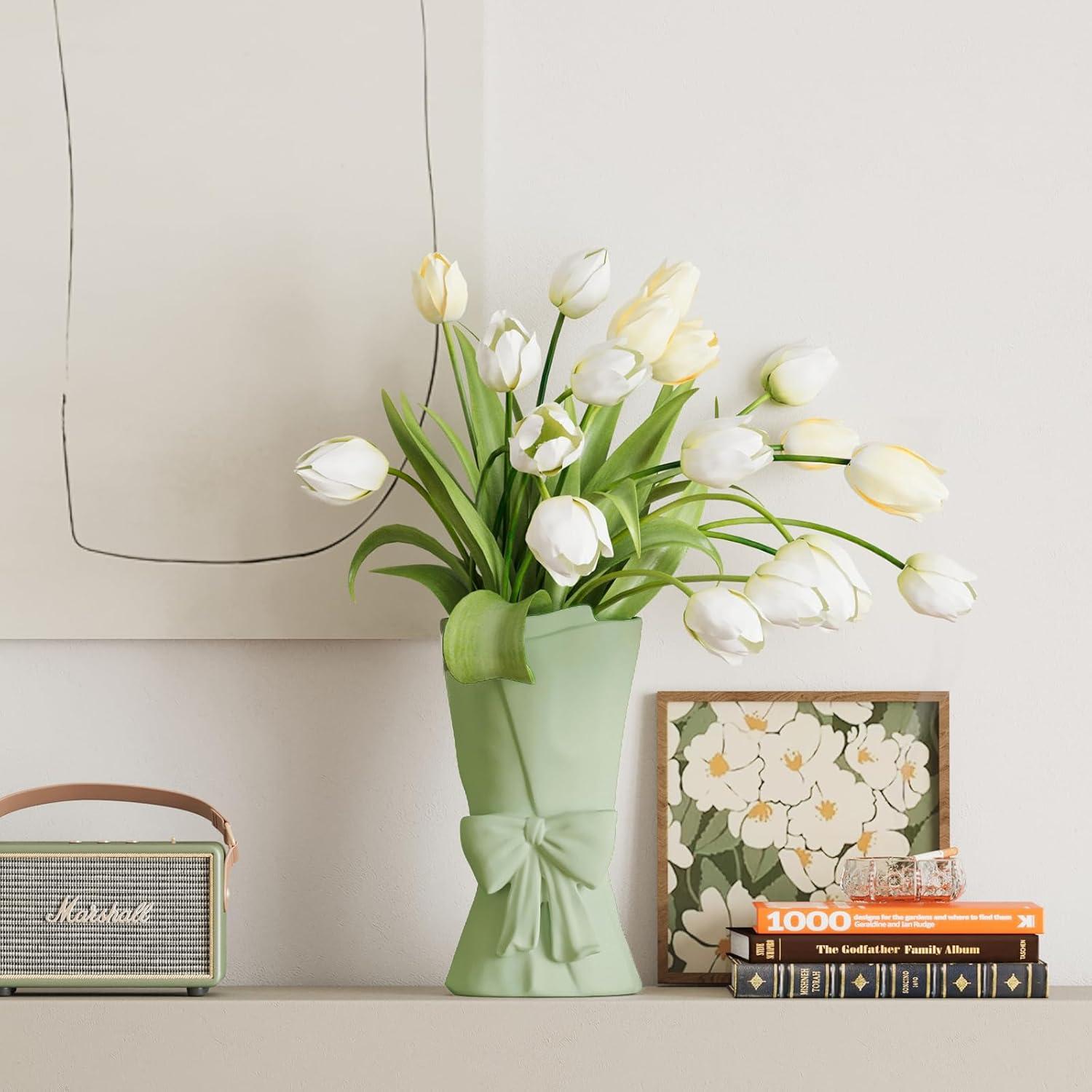 Green Ceramic Bow Vase 9.64 in Unique Cute Modern Decorative Bouquet Flower Vases for Home Living Room Table Decor Women Girl Gifts