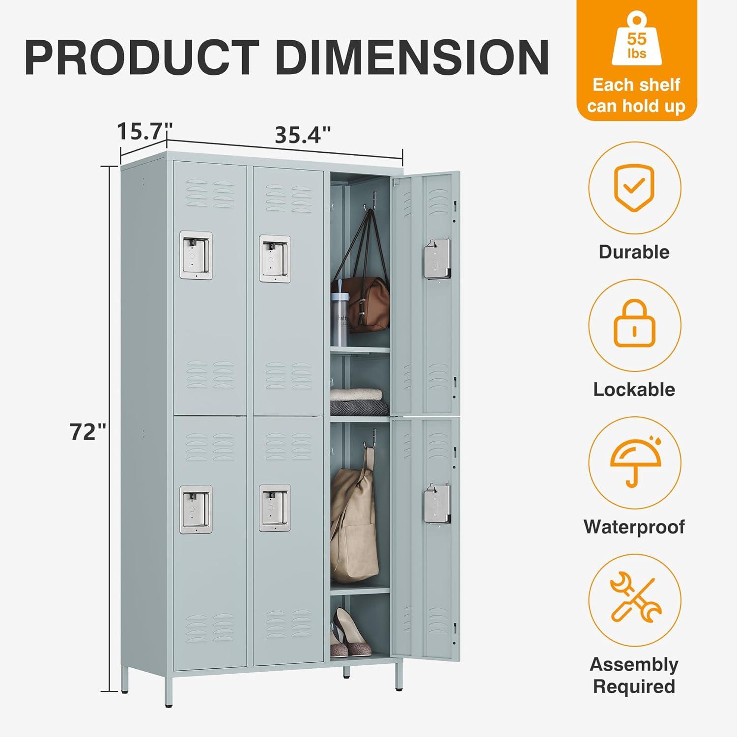 STANI Metal Lockers for Employees with Lock, 6 Doors Tall Steel Storage Locker with Shelves, Lockable Steel Cabinet for School Gym Office Garage (Grey, 6 Doors)