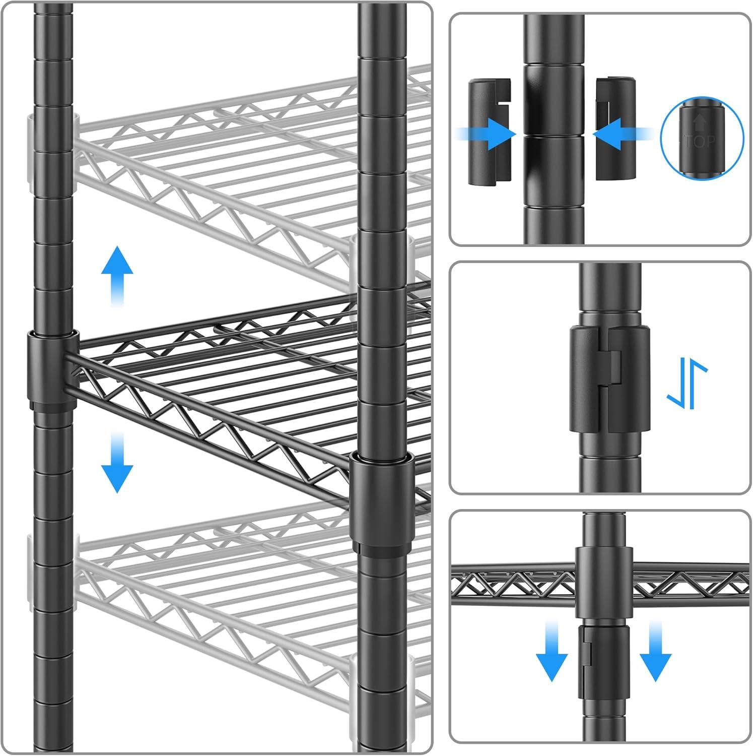 Black 5-Tier Adjustable Metal Wire Shelving Unit with Wheels