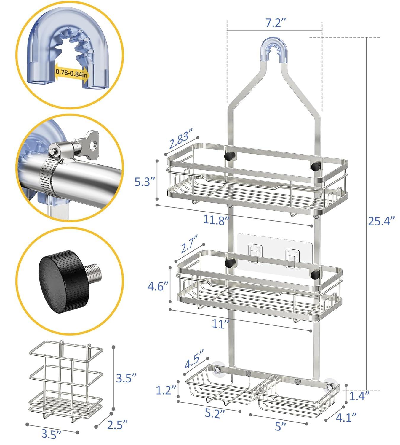 OMAIRA 5-Pack Shower Caddy Hanging Organizer, Stainless Steel Rust-free No Drilling Adjustable Non-Slip Non-Shake Bathroom Caddy Organizer storage for Inside Bath Over Shower Head Rack Holder,Silver