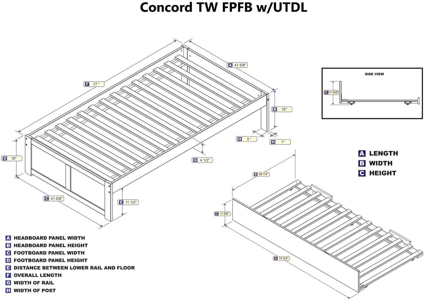 Concord Platform Bed with Flat Panel Foot Board and Twin Size Urban Trundle Bed, Multiple Colors, Multiple Sizes