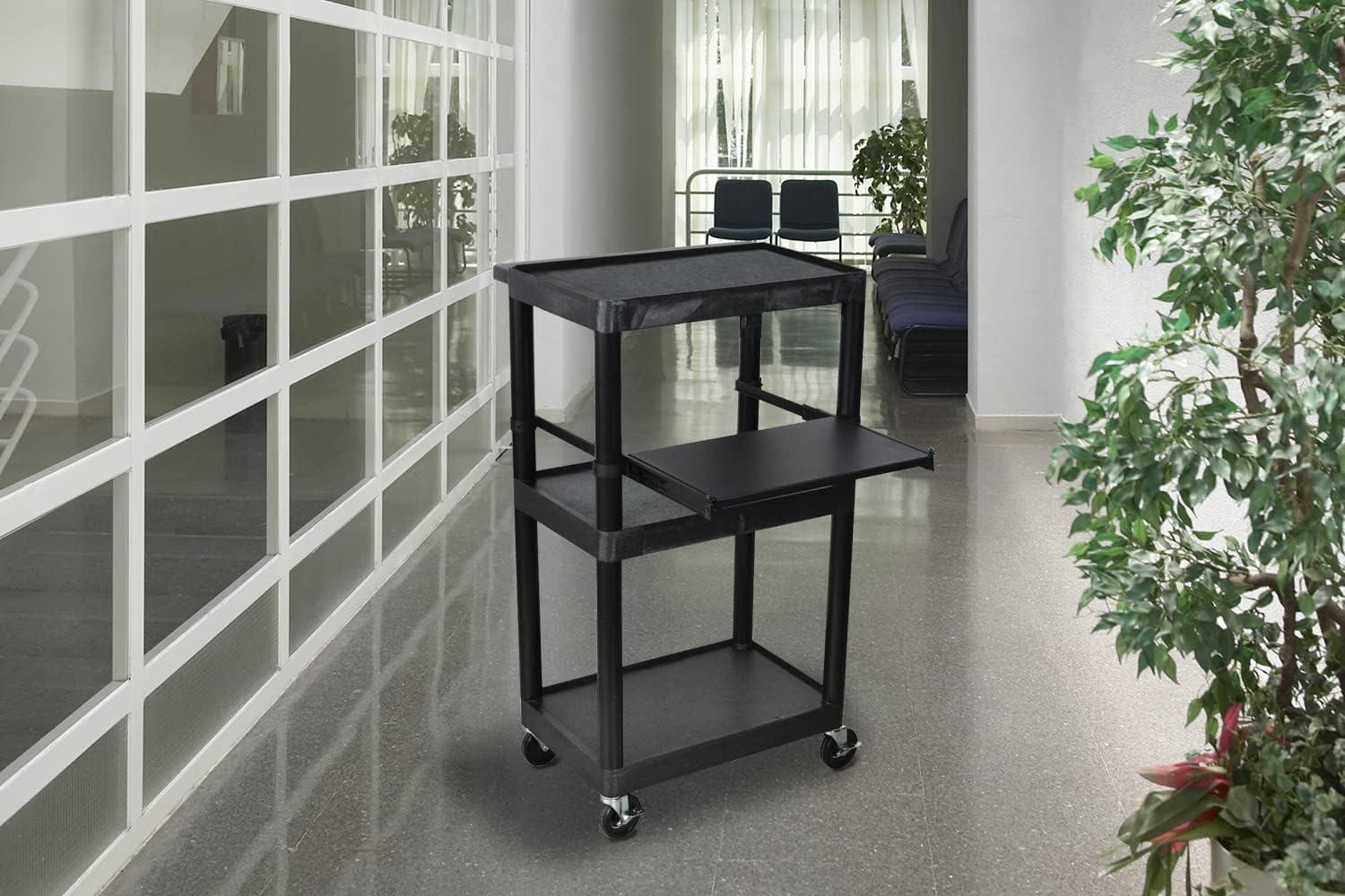 Luxor Black Three-Shelf AV Cart with Pullout Shelf