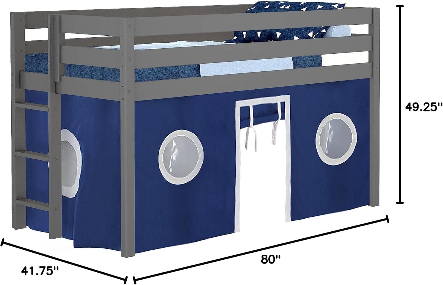 JACKPOT! Contemporary Low Loft Twin Bed with an End Ladder, Gray with Blue & White Tent