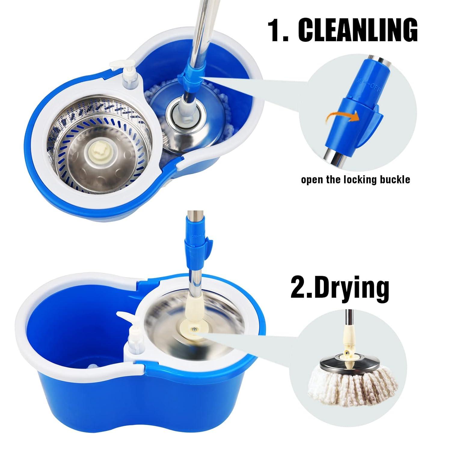 Spin Mop and Bucket with Wringer Set,360°Spin Mop & Bucket Floor Cleaning System Mop Bucket with 61" Adjustable Extended Handle 3 Microfiber Replacement Head Refills