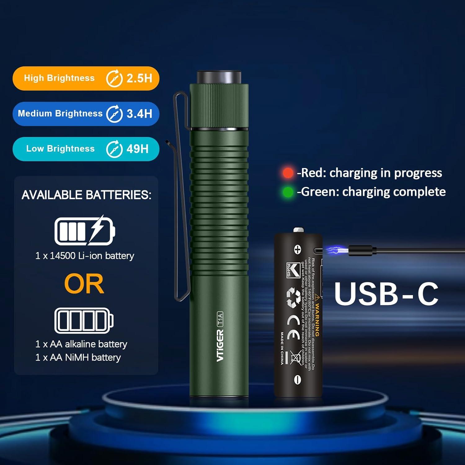VTIGER T1A Mini Pocket EDC Flashlight with Clip,1300 Lumen Compact AA Rechargeable LED Little Flashlights, Super Bright Tail Switch Small Flash Light with Magnet for Camping,Hiking,Outdoor,Emergency