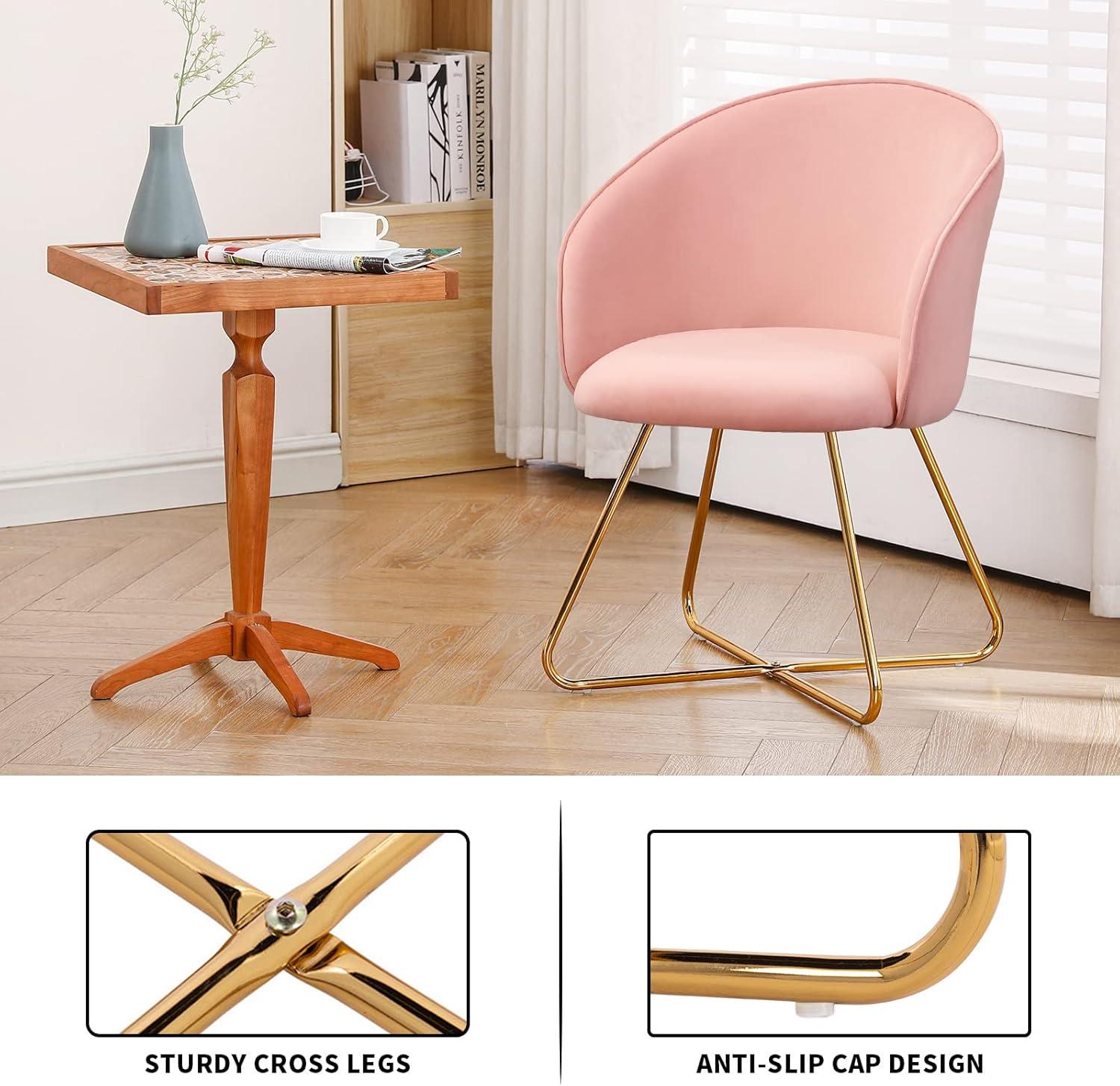 Furniliving  Velvet Upholstered Accent Chair Mid-Back Leisure Chairs Makeup Vanity Stool  , Pink