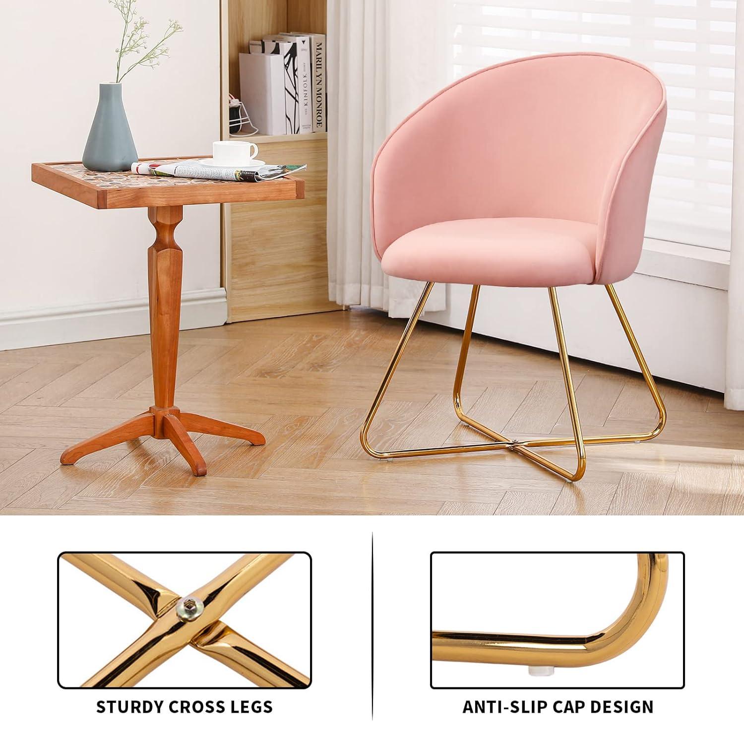 Furniliving  Velvet Upholstered Accent Chair Mid-Back Leisure Chairs Makeup Vanity Stool  , Pink