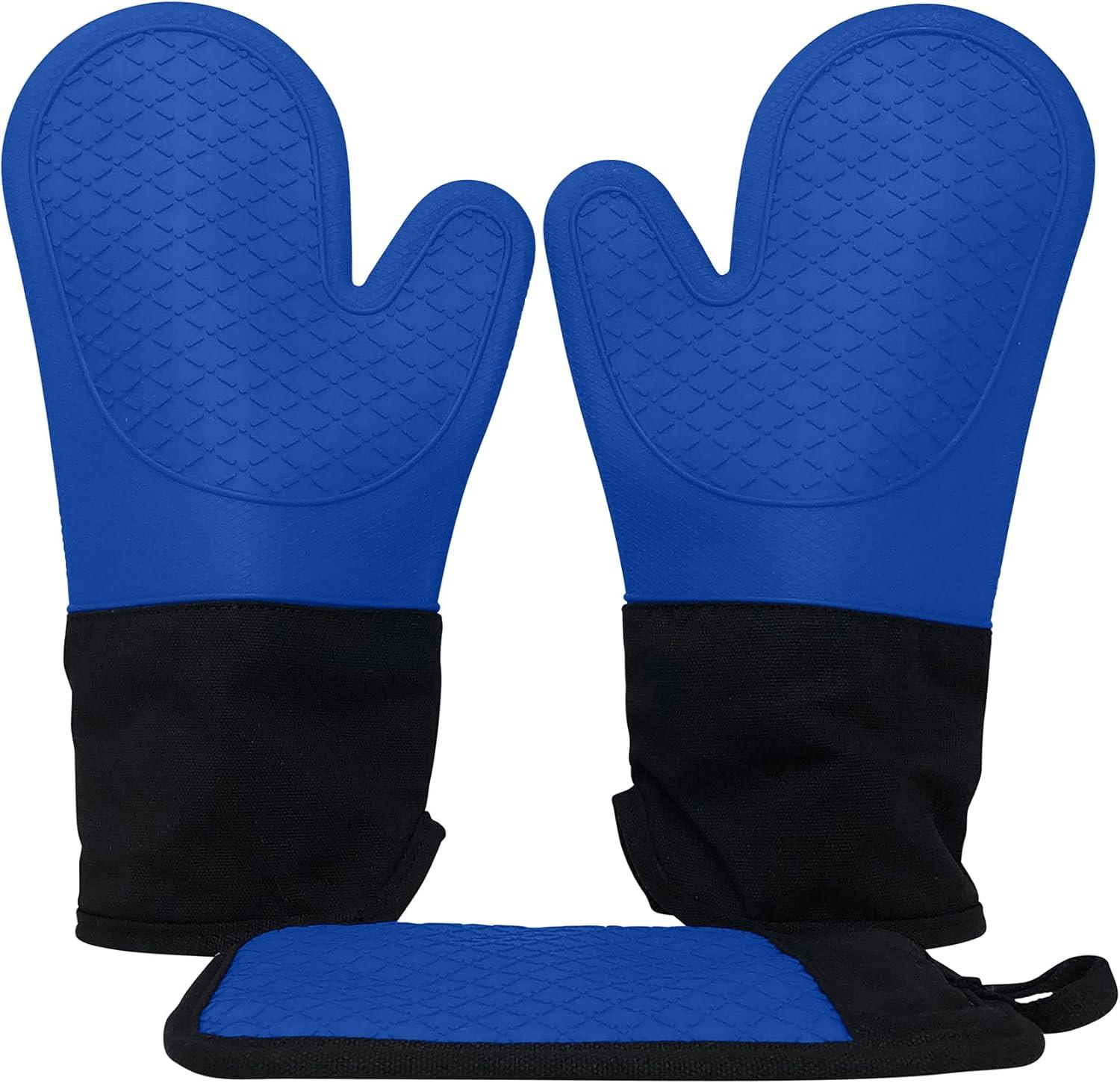 Blue Silicone Oven Mitts and Pot Holder Set with Cotton Lining