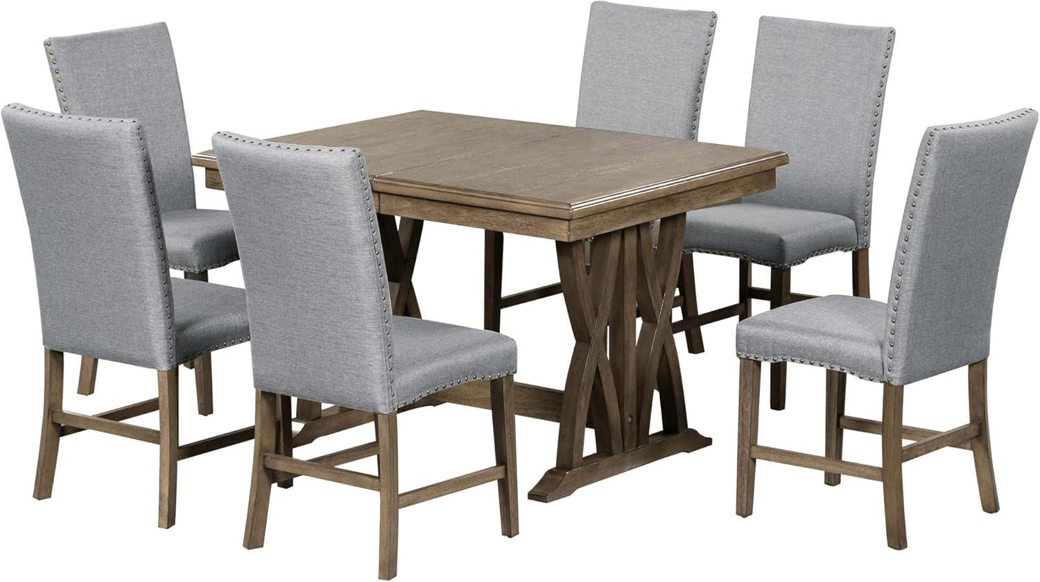 Mid-Century Gray Upholstered 7-Piece Extendable Dining Set