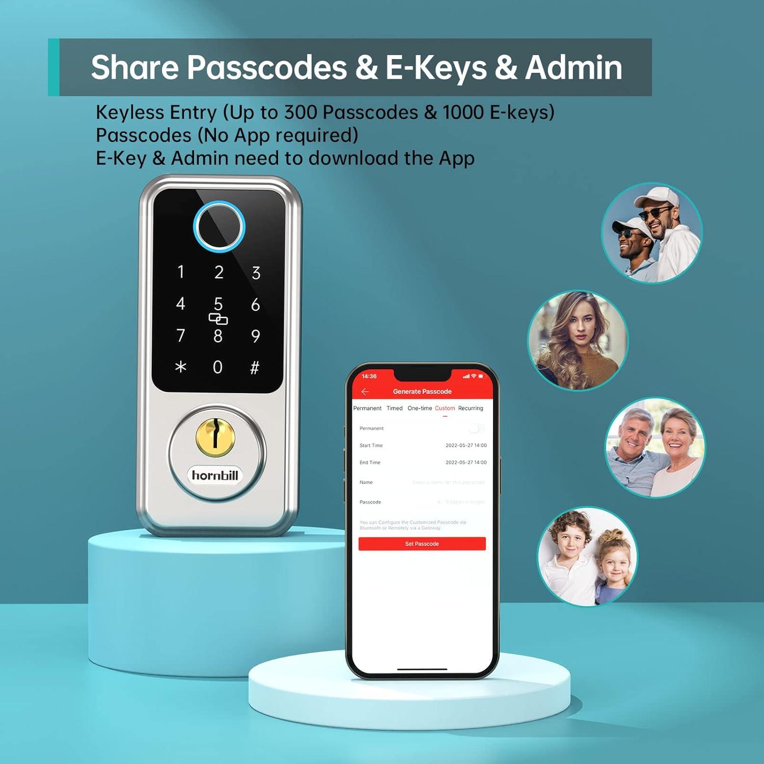 Wi-Fi & Bluetooth Smart Lock, Keyless Entry Smart Front Lock, hornbill Touch Screen Keypads, App Control, Auto Lock, Compatible with Alexa, Remotely Control (Included G2 Gateway)