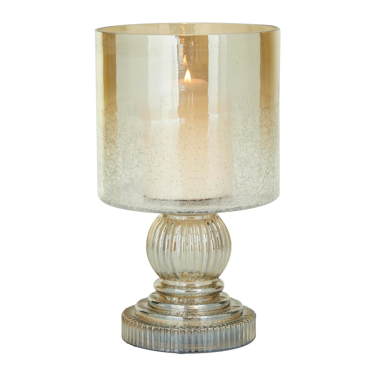 DecMode Gold Glass Handmade Turned Style Pillar Hurricane Lamp with Faux Mercury Glass Finish