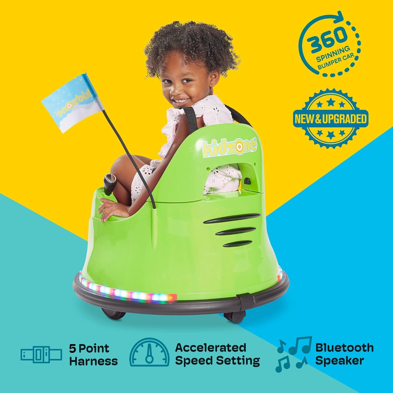 Kidzone WiFi Bumper Car for Toddler & Kids 1.5-6 Years Old, 2 Speeds 12V Electric Ride On Bumping Toy Gifts W/Remote Control, APP Control, LED Lights, Bluetooth, 360°Spin and DIY Sticker, Lemon Green