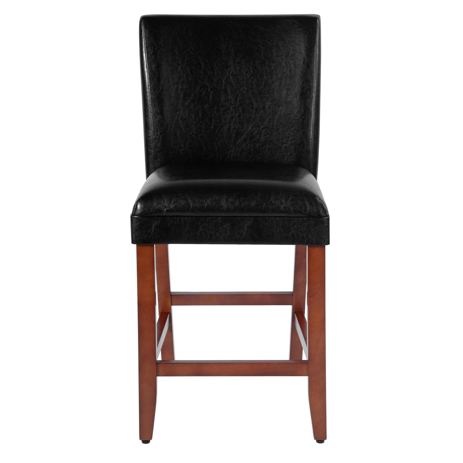 24" Faux Leather Luxury Counter Height Barstool Black - HomePop: Rubberwood Legs, Padded Back