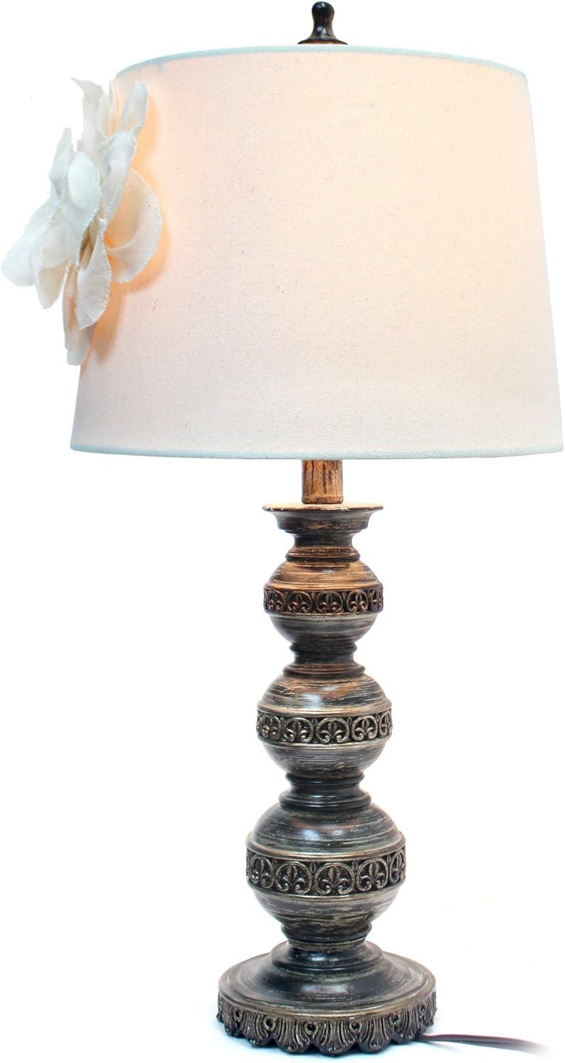 Aged Stacked Ball Table Lamp with Couture Linen Flower Shade White - Elegant Designs: Metal Base, No Assembly Required, UL Listed