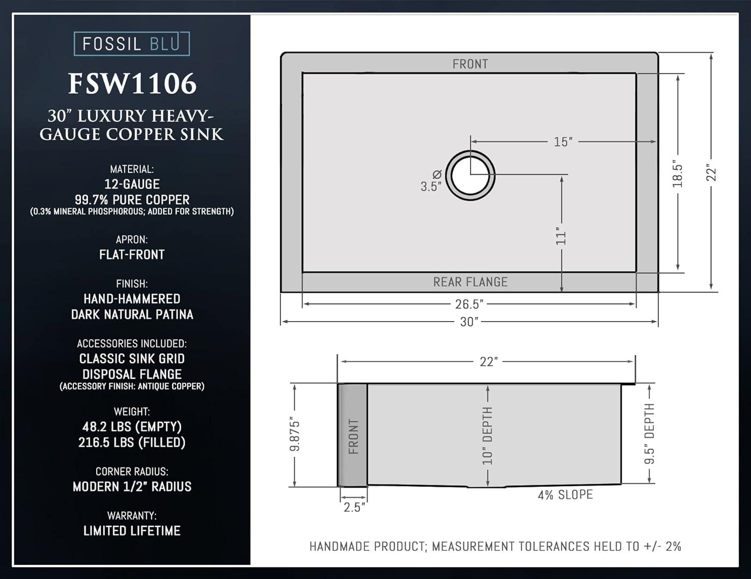FSW1106 LUXURY 30-INCH HEAVY 12-GAUGE DARK PATINA COPPER FARMHOUSE SINK, INCLUDES ACCS, FLAT FRONT