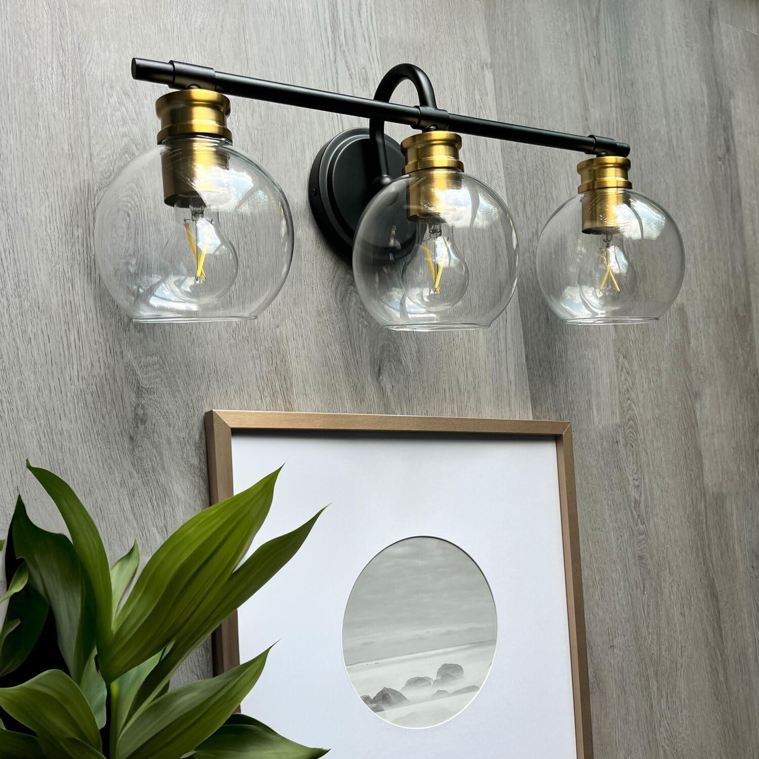 Black and Brushed Brass 3-Light Vanity Bar with Clear Glass Shades