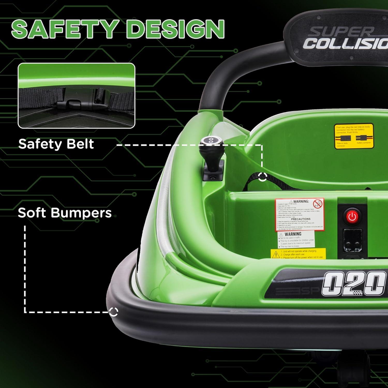 Aosom 12V Kids Bumper Car, 360° Rotation Electric Ride On Car, Twins Motor w/ Parent Remote Control, Safety Belt, LED Lights, Green