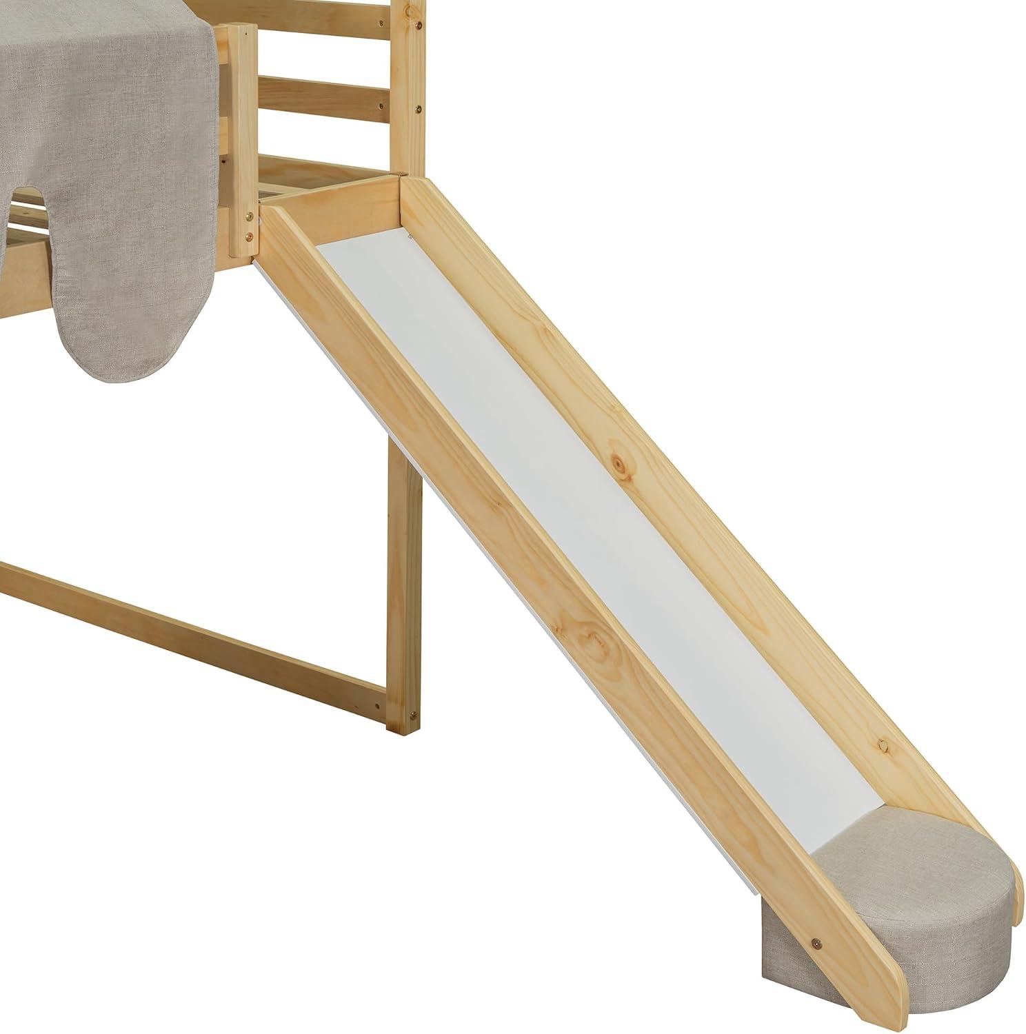 Kids Loft Bed Full Size, Full Loft Bed with Slide and Ladder, Kids House Loft Bed with Storage Shelf and Removable Tent, Full Size Loft Bed for Girls, Boys(Full Natural Beige)