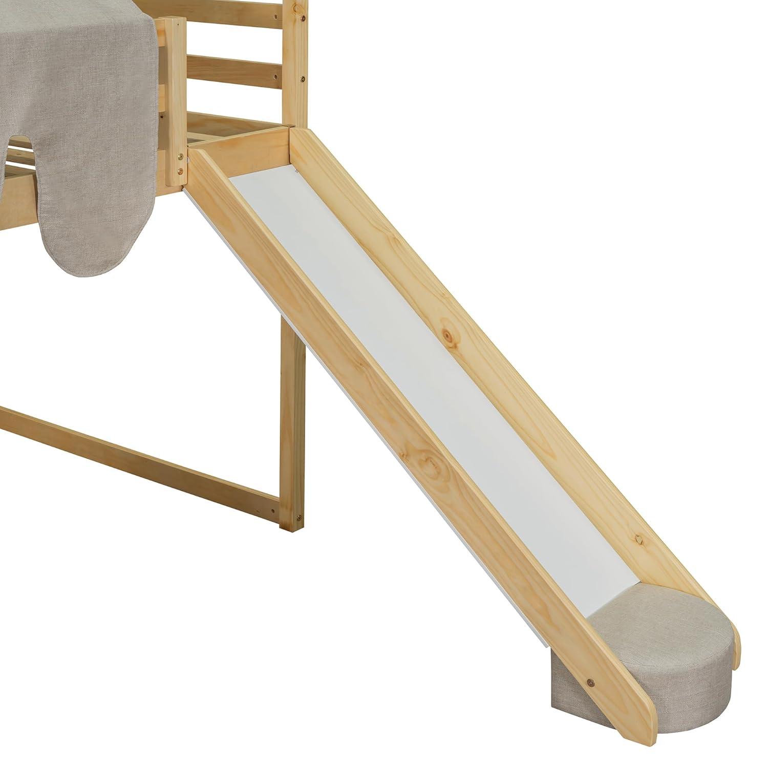 Kids Loft Bed Full Size, Full Loft Bed with Slide and Ladder, Kids House Loft Bed with Storage Shelf and Removable Tent, Full Size Loft Bed for Girls, Boys(Full Natural Beige)