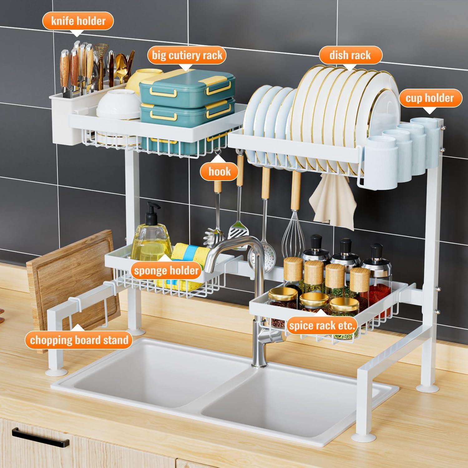 YKLSLH Over Sink Dish Drying Rack, Expandable Large Drying Rack, Suitable for Most Sinks (24.8"-35.4"), Adjustable Metal Rack, Space Saving, White