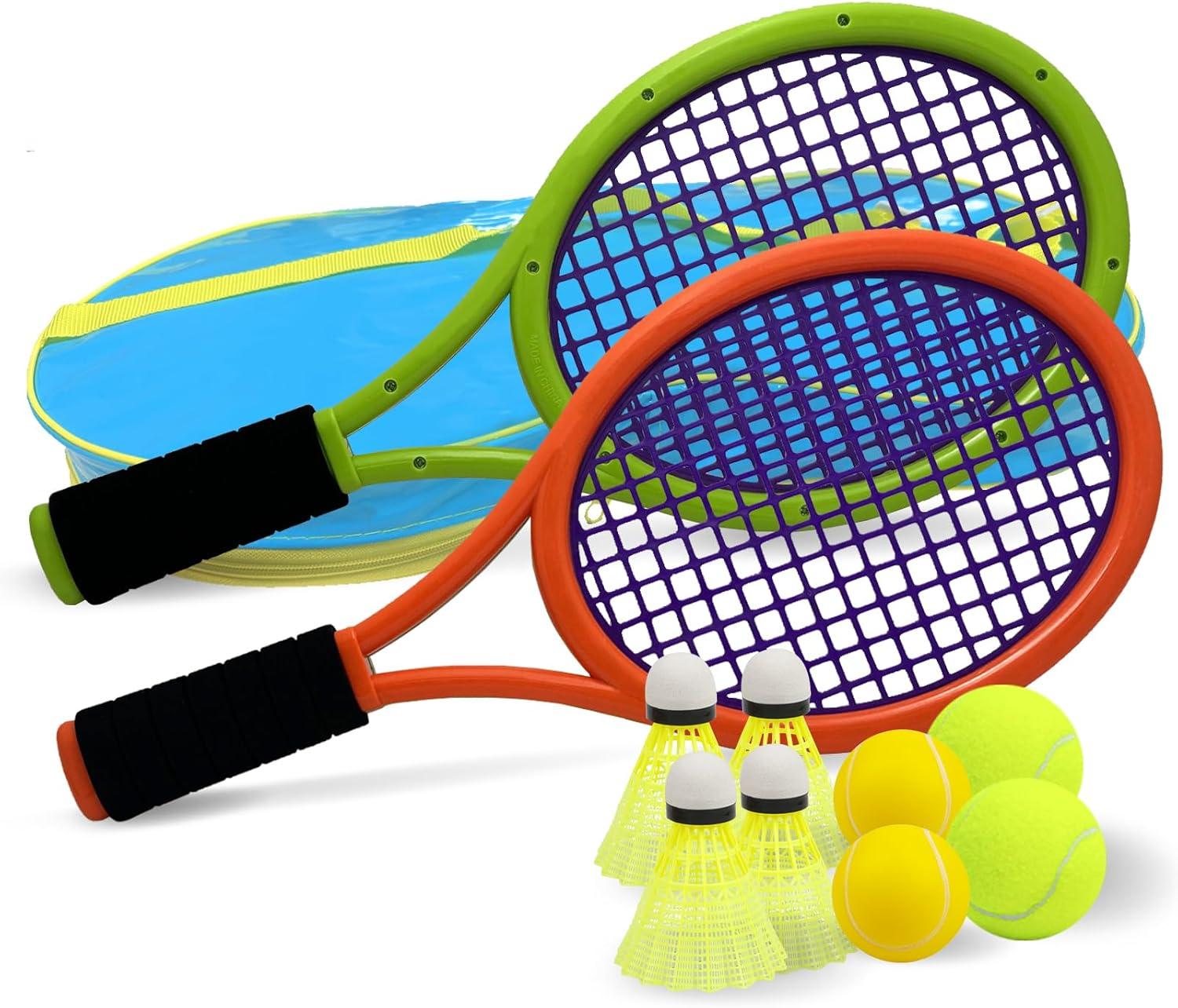 Kids Tennis Racket,17 Inch Plastic Tennis Racket with 2 Soft Balls,2 Tennis Balls and 4 Shuttlecocks for Kid,Toddler Outdoor/Indoor Sport Play