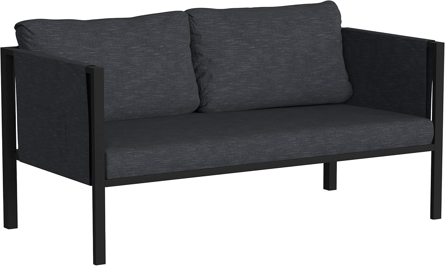 Flash Furniture Lea Indoor/Outdoor Loveseat with Cushions - Modern Steel Framed Chair with Storage Pockets, Black with Charcoal Cushions
