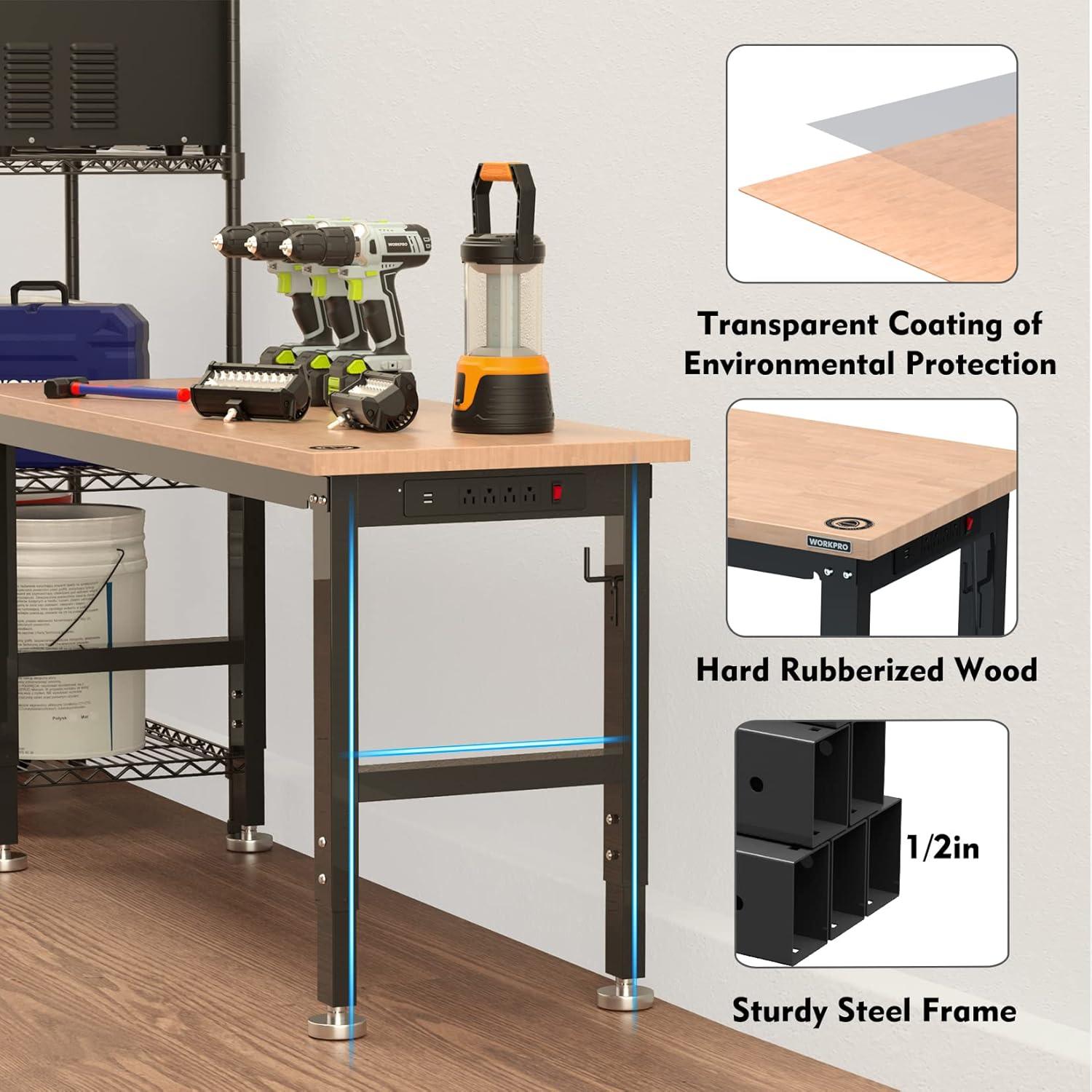 WORKPRO 60" Adjustable Workbench, Rubber Wood Top Heavy-Duty Workstation, 2000 LBS Load Capacity Hardwood Worktable with Power Outlets, for Workshop, Garage, Office, Home