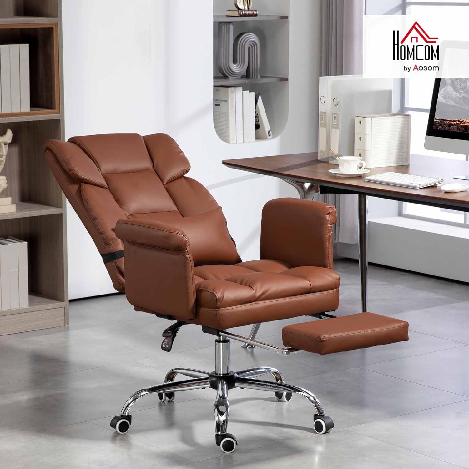 HOMCOM Executive Office Chair with Footrest and Lumbar Support, PU Leather Office Desk Chair, Ergonomic, Reclining and Swivel Chair, Brown