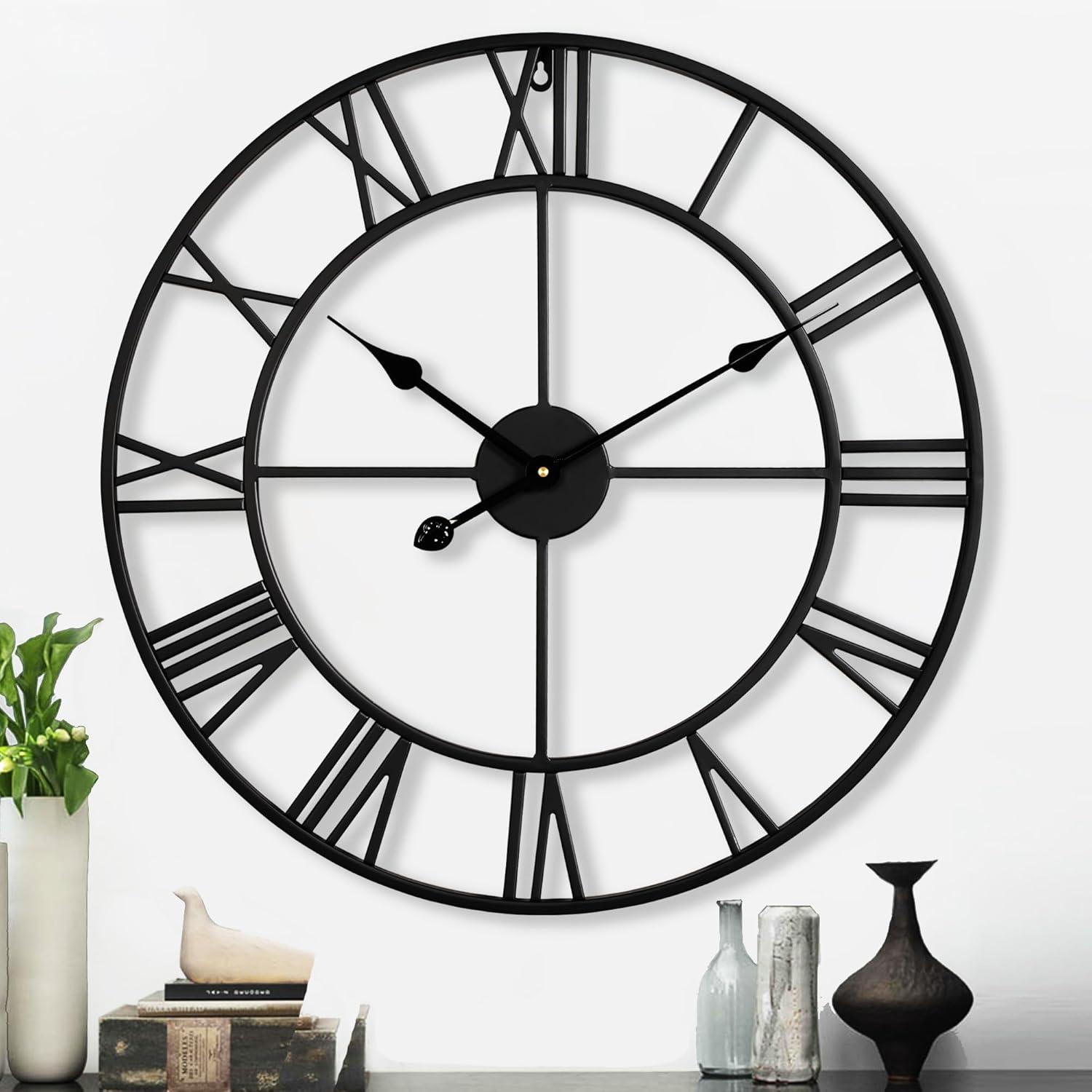 Oversized Black Metal Roman Numeral Wall Clock