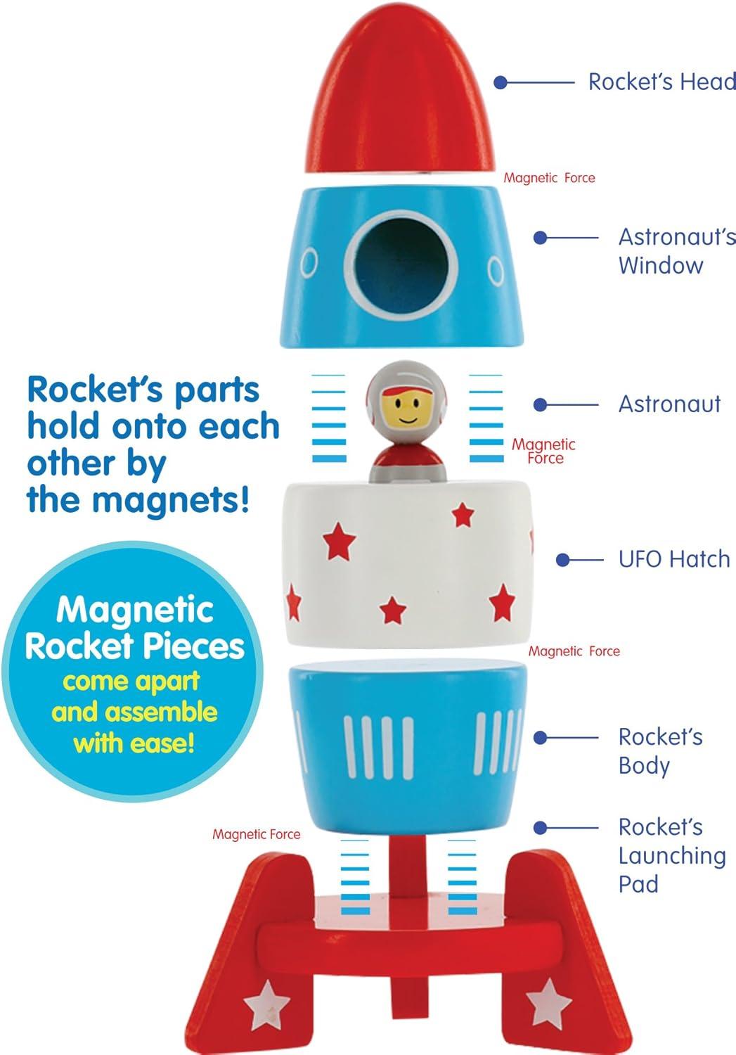 Svan Wooden Stacker Toy Space Rocket- 6 Magnetic Stacking Pieces-Building Set with Surprise Astronaut Inside, Hands On Game for Kids, Interactive Play