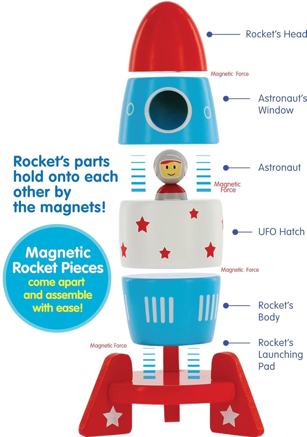 Svan Wooden Stacker Toy Space Rocket- 6 Magnetic Stacking Pieces-Building Set with Surprise Astronaut Inside, Hands On Game for Kids, Interactive Play