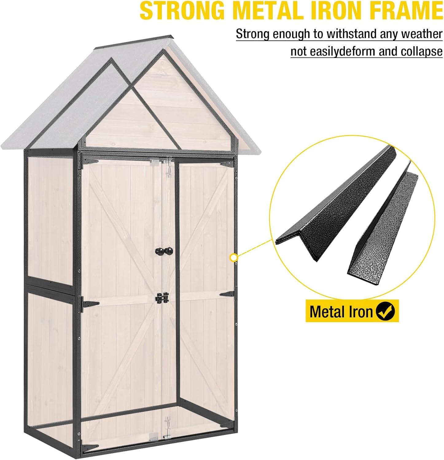 Aivituvin Storage Shed Outdoor with All-Around Strong Metal Frame Wooden Tool Cabinet with Double Doors