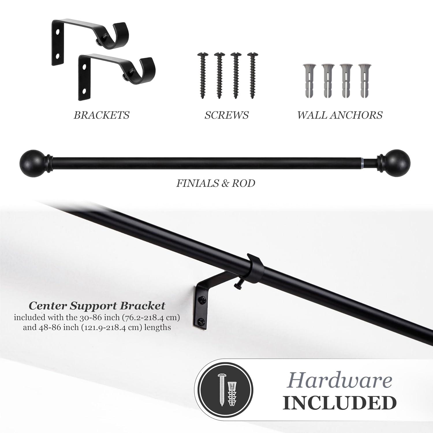 Kenney Chelsea 5/8" Matte Black Single Curtain Rod, 28-48", Black